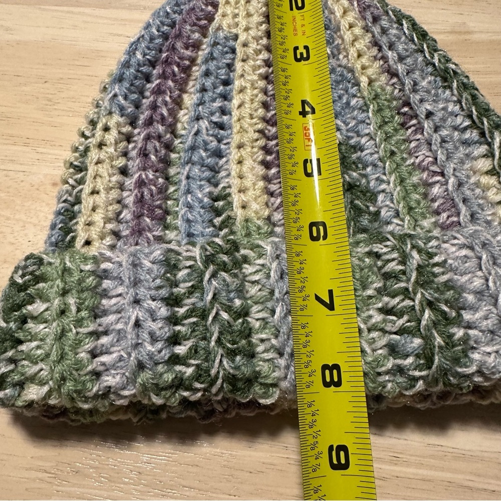 New Handmade Crochet Rib Beanie Fold over Hat Green Yellow Blue Purple Speckled - Picture 5 of 10